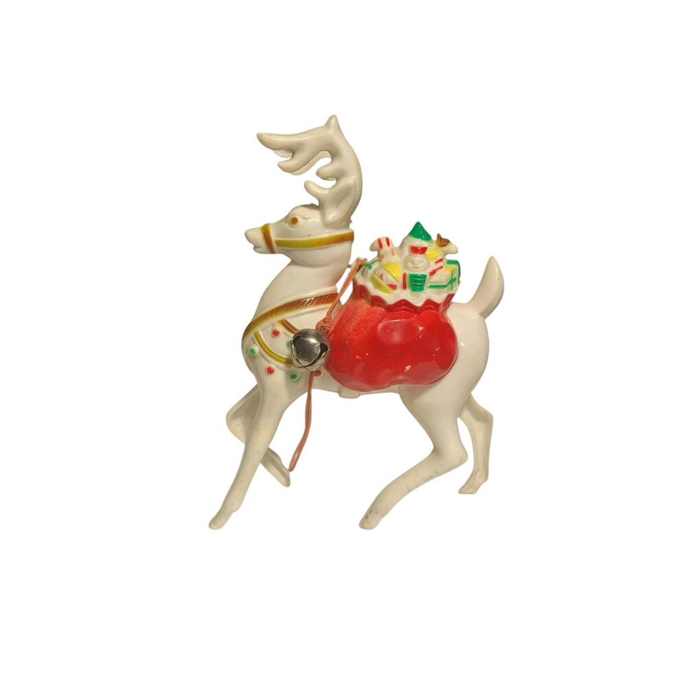 Vintage 1950s Hard Plastic Christmas Reindeer with Toy Bag & Jingle Bell USA